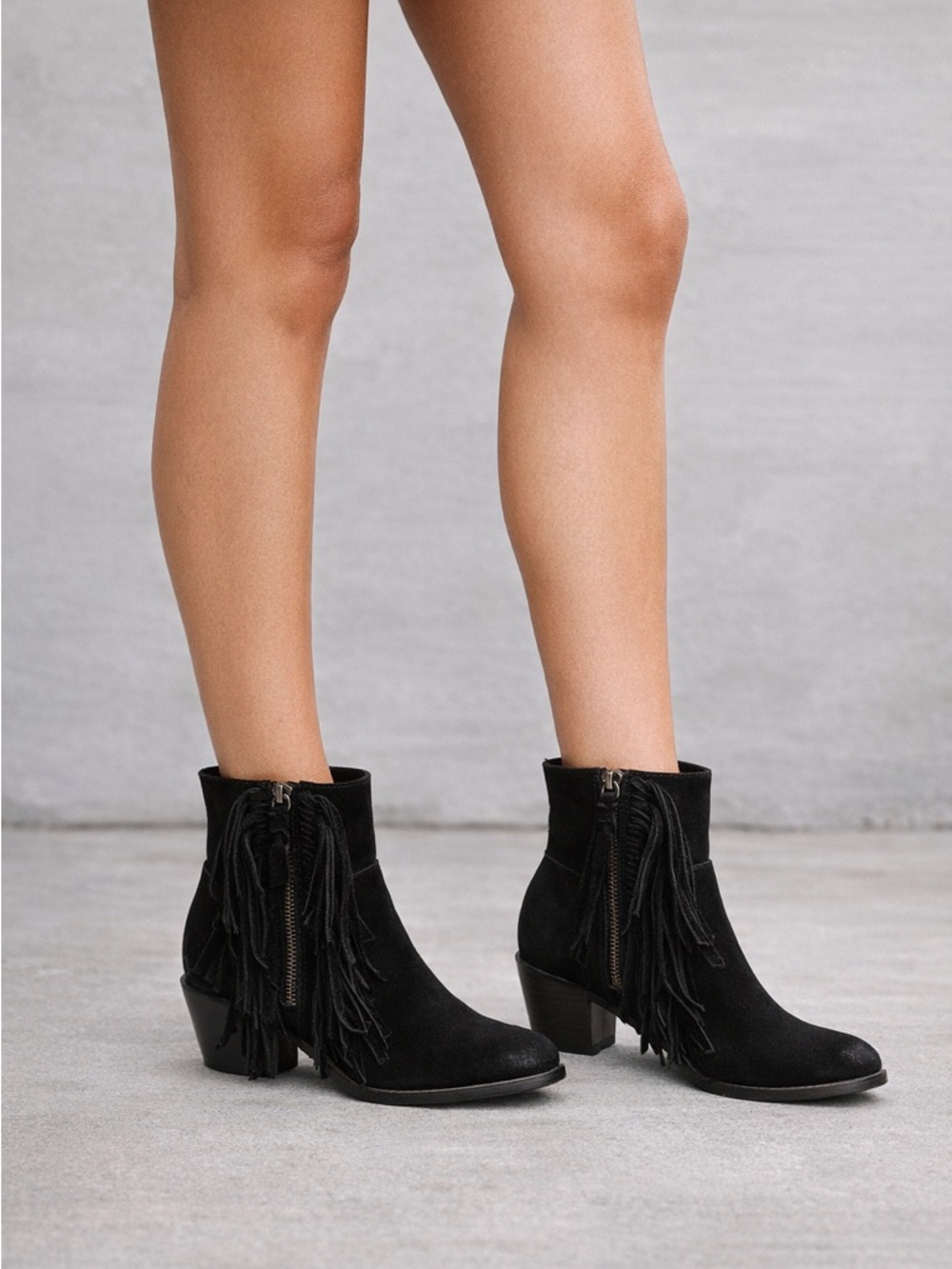 Cynthia Vincent Black Suede Fringe Ankle Boots